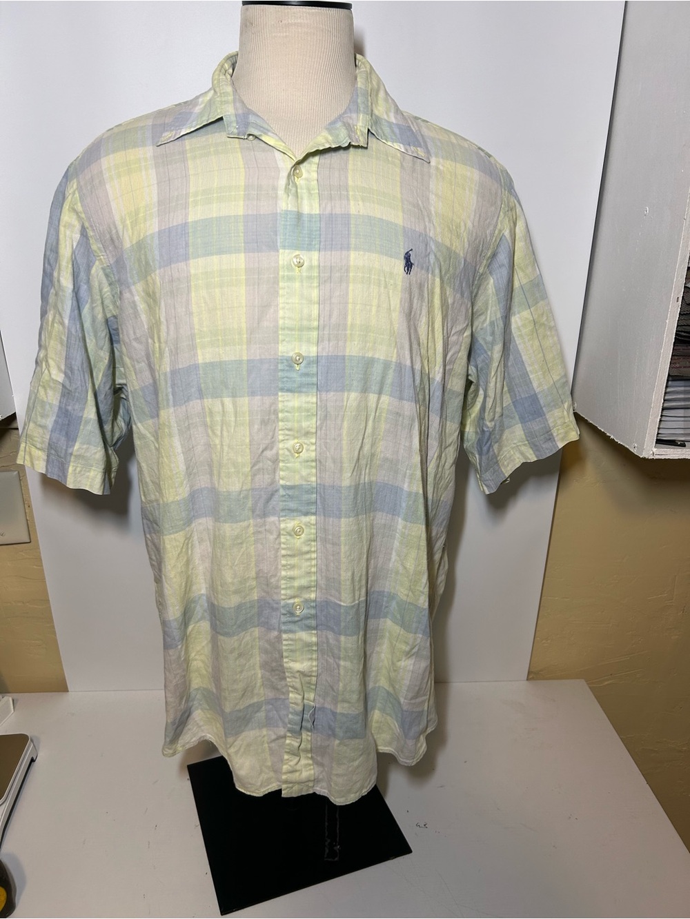 Ralph Lauren Classic Plaid Short-Sleeve Button-Up Shirt - Pale Yellow/Blue vint